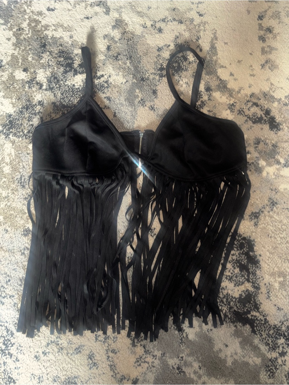 SHEIN Black Fringe Zip-Front Cropped Top